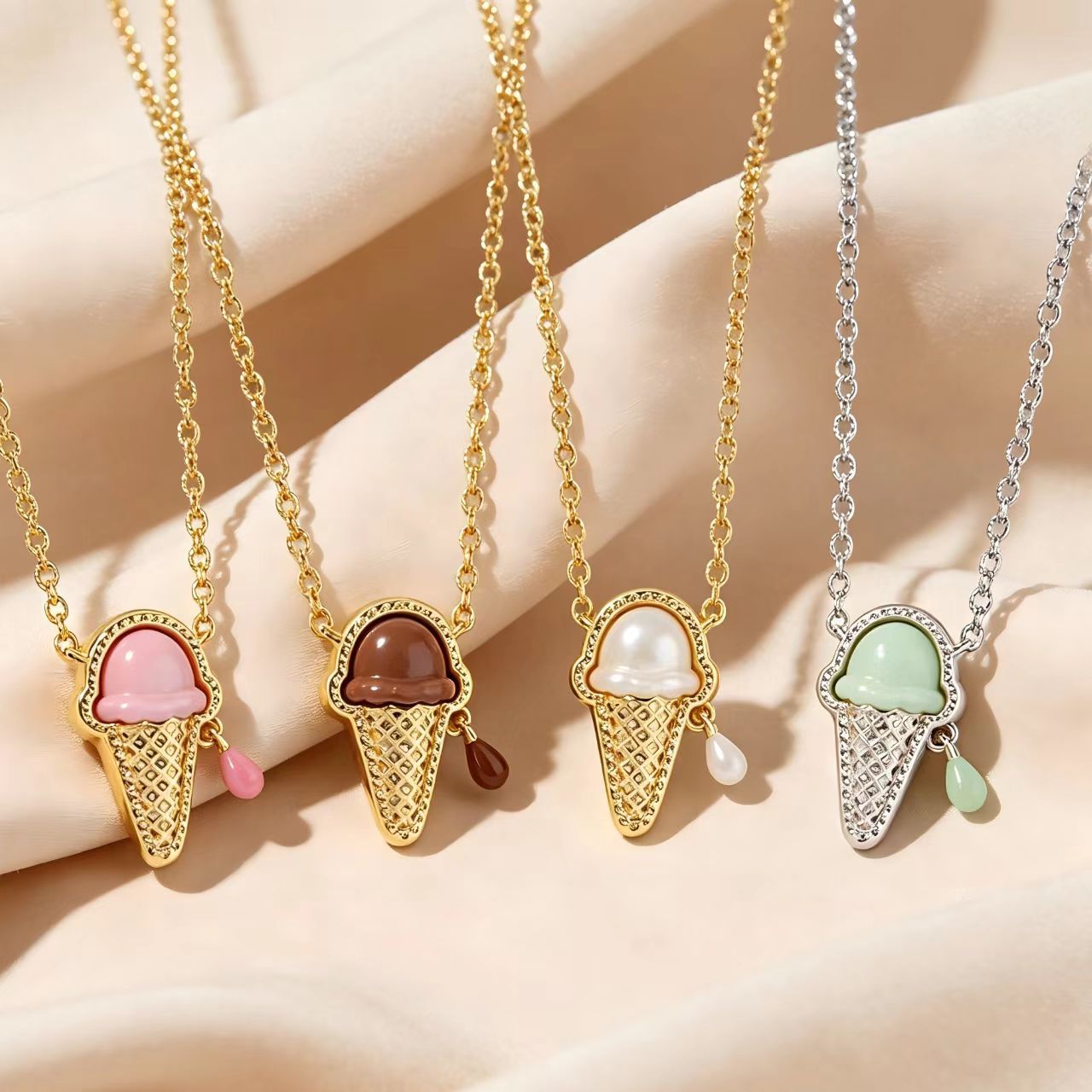 Ice cream charm necklace set with five pendants, gold and silver chains