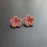 Diamond colorful floral stud earrings in silver with red stones and clear accents
