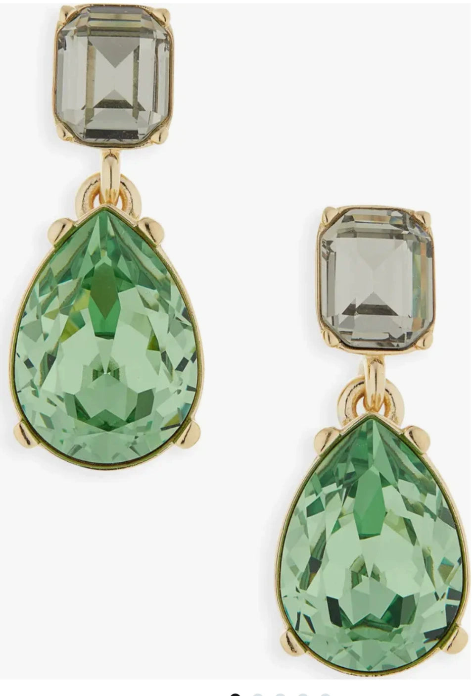 Teardrop-cut crystal stud earrings with green teardrop and smoky square top, gold tone