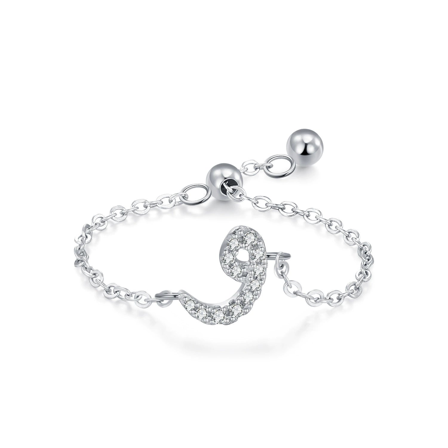 Sterling silver adjustable chain bracelet with Arabic letter charm in clear stones, bowl curve