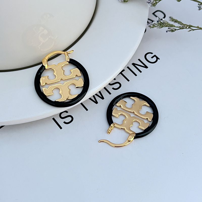Black enamel circular logo hoop earrings with gold-tone openwork metal inlay