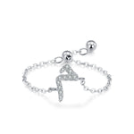 Sterling silver Arabic letter charm ring with pavé crystal, angled on an adjustable chain
