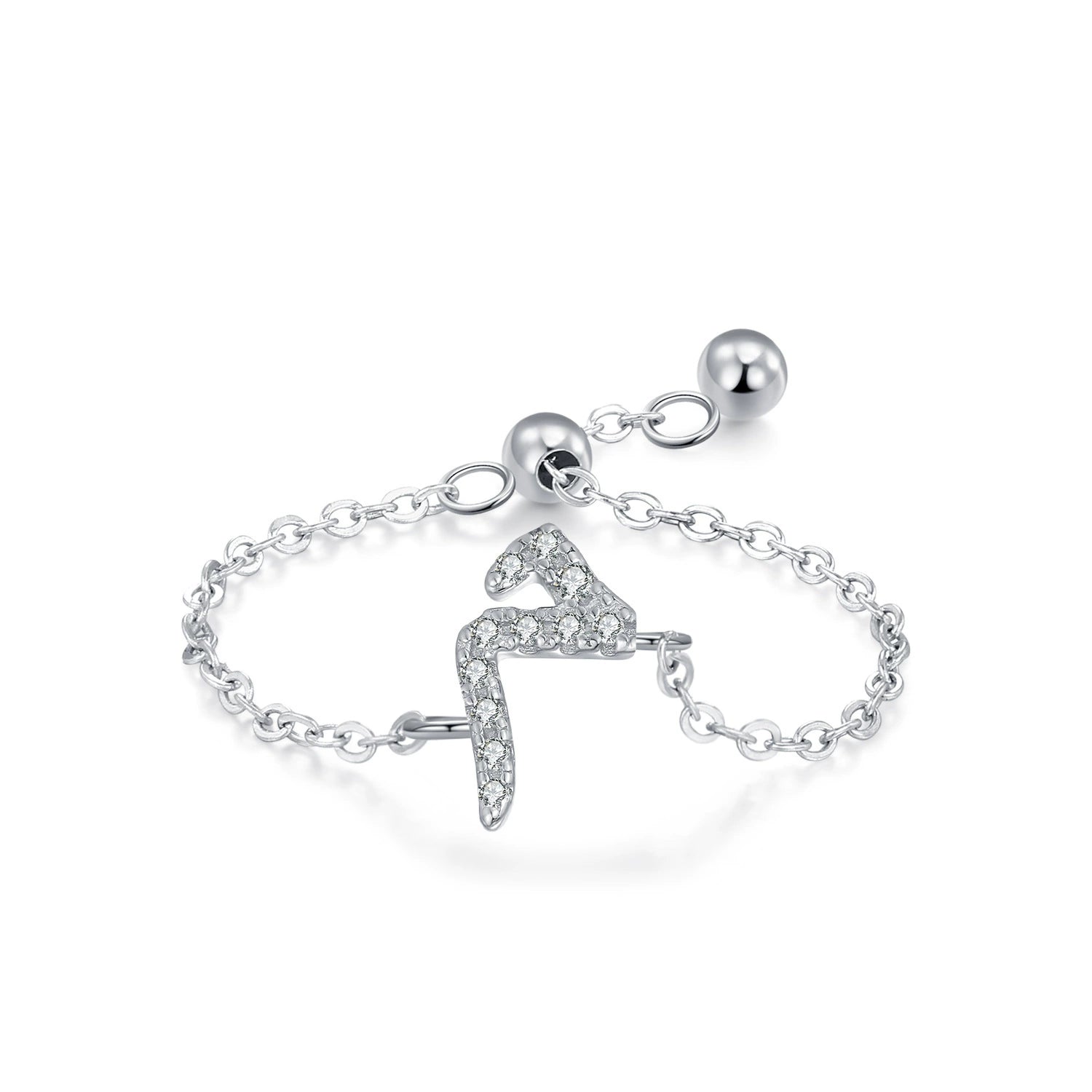 Sterling silver Arabic letter charm ring with pavé crystal, angled on an adjustable chain