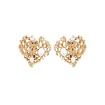 Pair of openwork heart earrings with round clear crystals, gold-tone studs