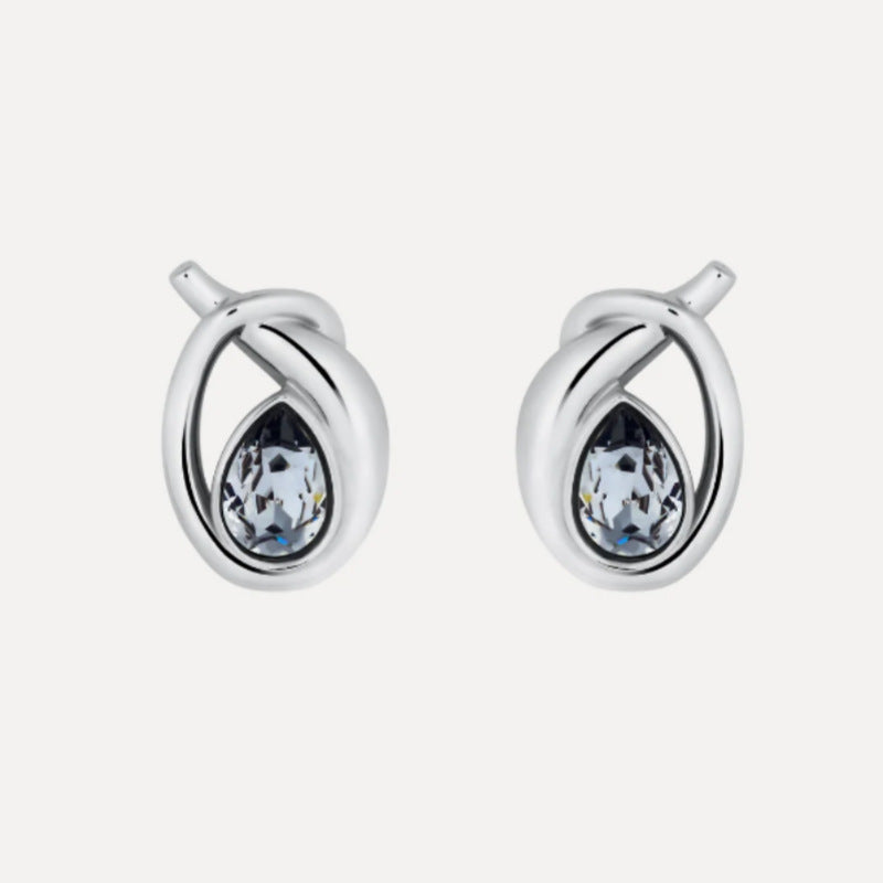 Looped teardrop earrings, silver-tone metal with clear teardrop stone