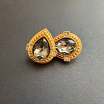 Grey crystal heart stud clip-on earrings with gold border and clear stone accents