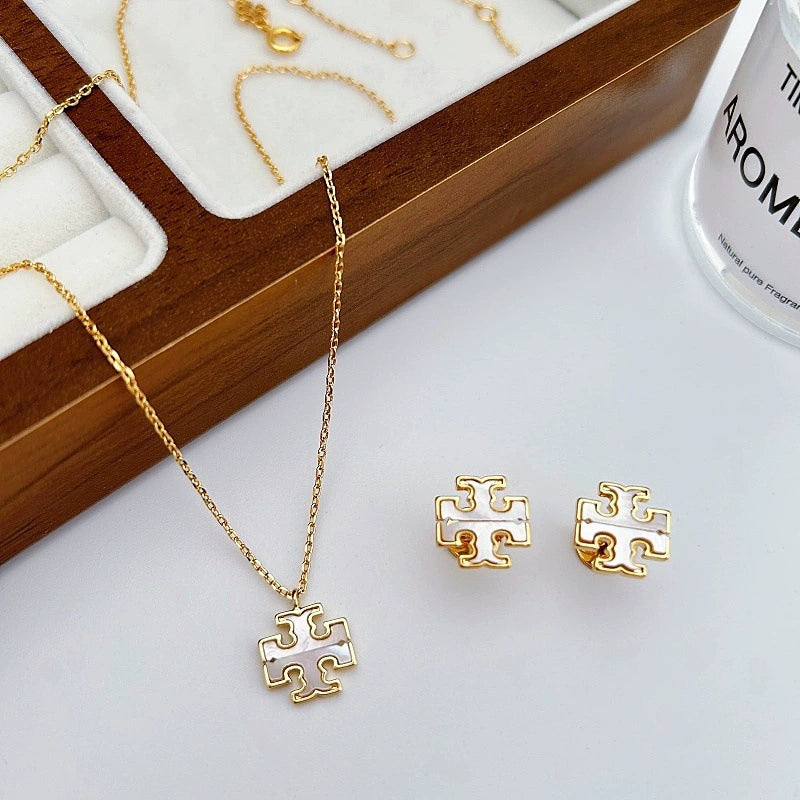 Tory Burch Natural Mother-of-Pearl Logo Metal Stud Earrings & Necklace