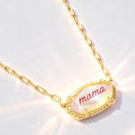 Gold letter “mama” oval pendant necklace with chunky link chain and scalloped border
