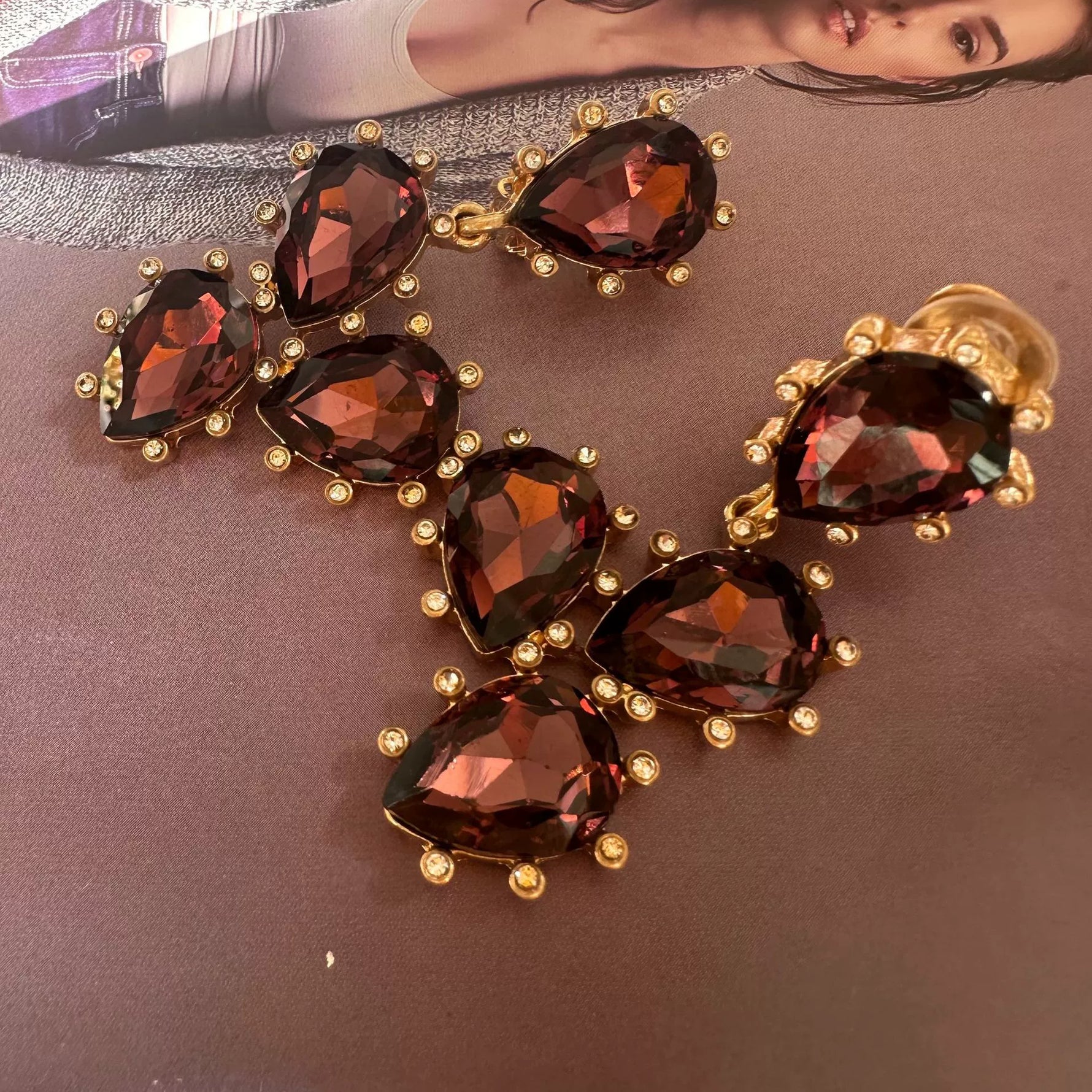 Cactus-cut sparkling glass diamond ear clips in dark red with gold-tone settings