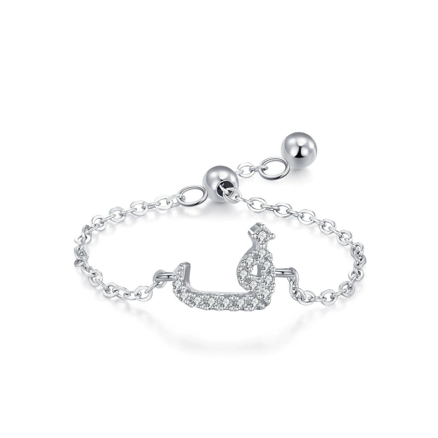 Sterling silver Arabic letter charm ring with pavé crystal, low curved form on chain