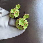Enamel hydrangea earrings, green enamel flowers with gold-tone settings