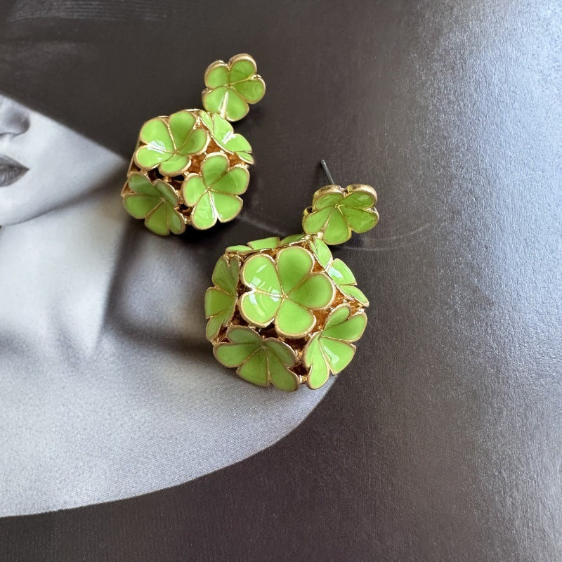 Enamel hydrangea earrings, green enamel flowers with gold-tone settings