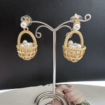 Gold woven basket stud earrings with pearl cluster dangles and clear post backs