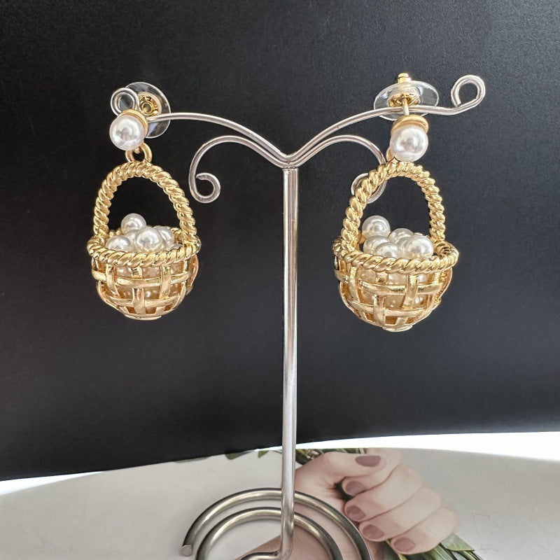 Gold woven basket stud earrings with pearl cluster dangles and clear post backs
