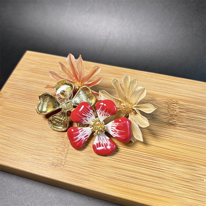 Cherry blossom enamel stud earrings, red gradient petals and gold-tone backs