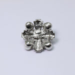 Silver-tone pearl and crystal brooch back, textured metal prongs and frame