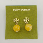 Yellow agate pendant earrings with gold logo stud and round bead drop