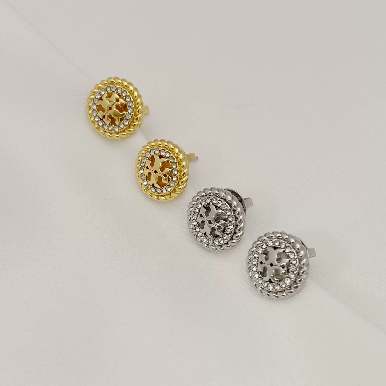 Tory Burch Round Spiral Wheat Ear Diamond Logo Stud Earrings