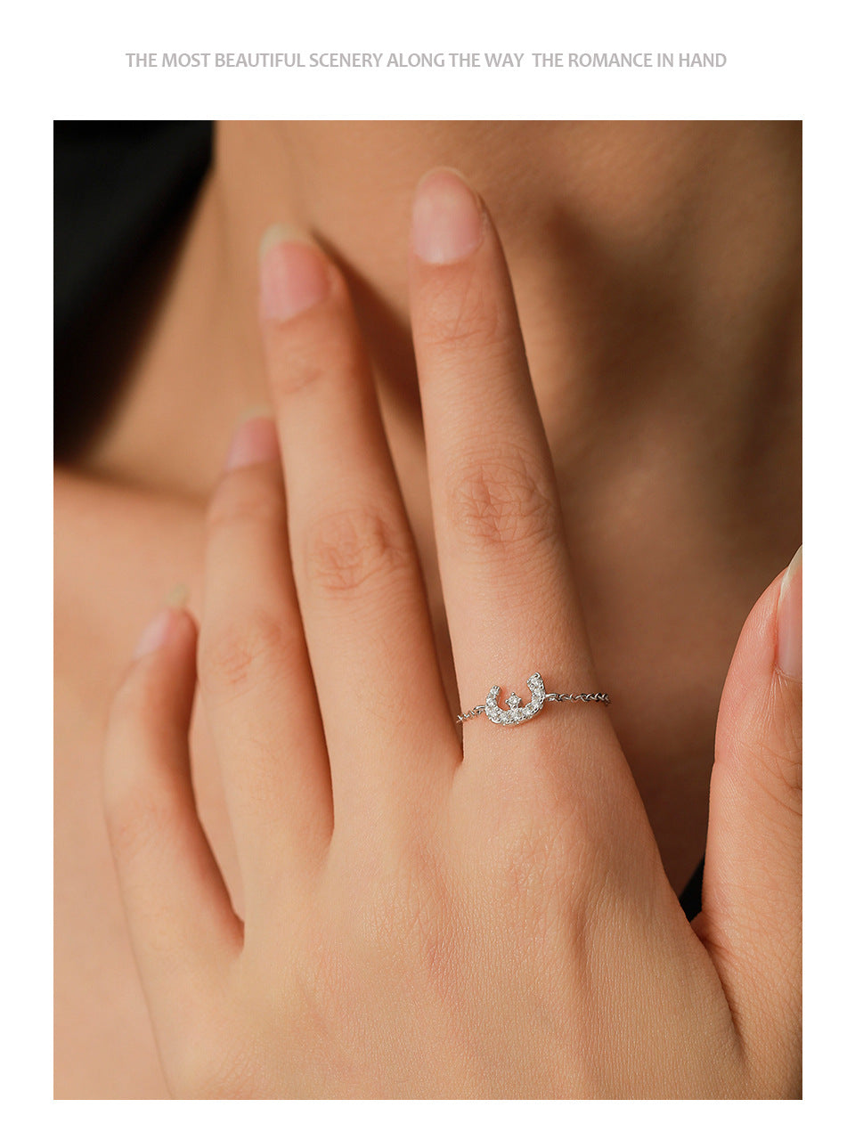 Sterling silver adjustable chain ring with Arabic letter charm on finger