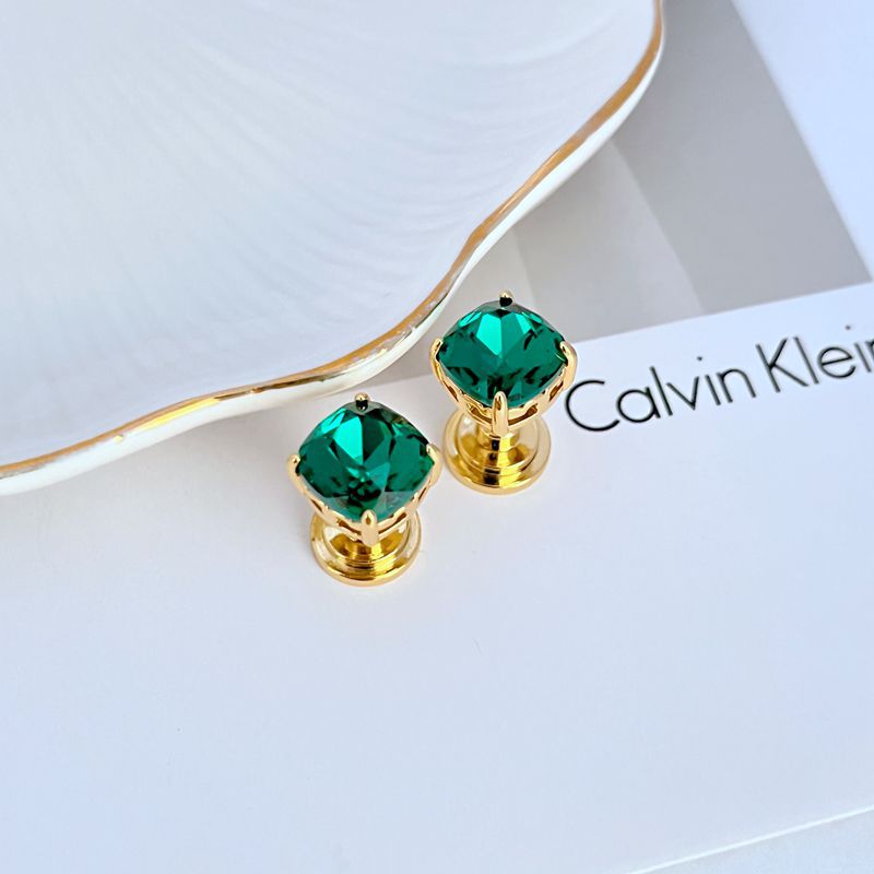 Geometric square stud earrings, green rhinestones with gold-tone posts
