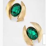Emerald oval crystal stud earrings with gold crescent petals around the stone.