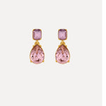Teardrop-cut crystal stud earrings with pink square top and teardrop drop, gold tone