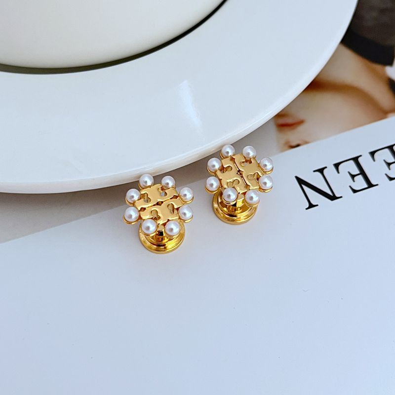 Gold-tone pearl openwork metal stud earrings, crown-style setting with white pearls