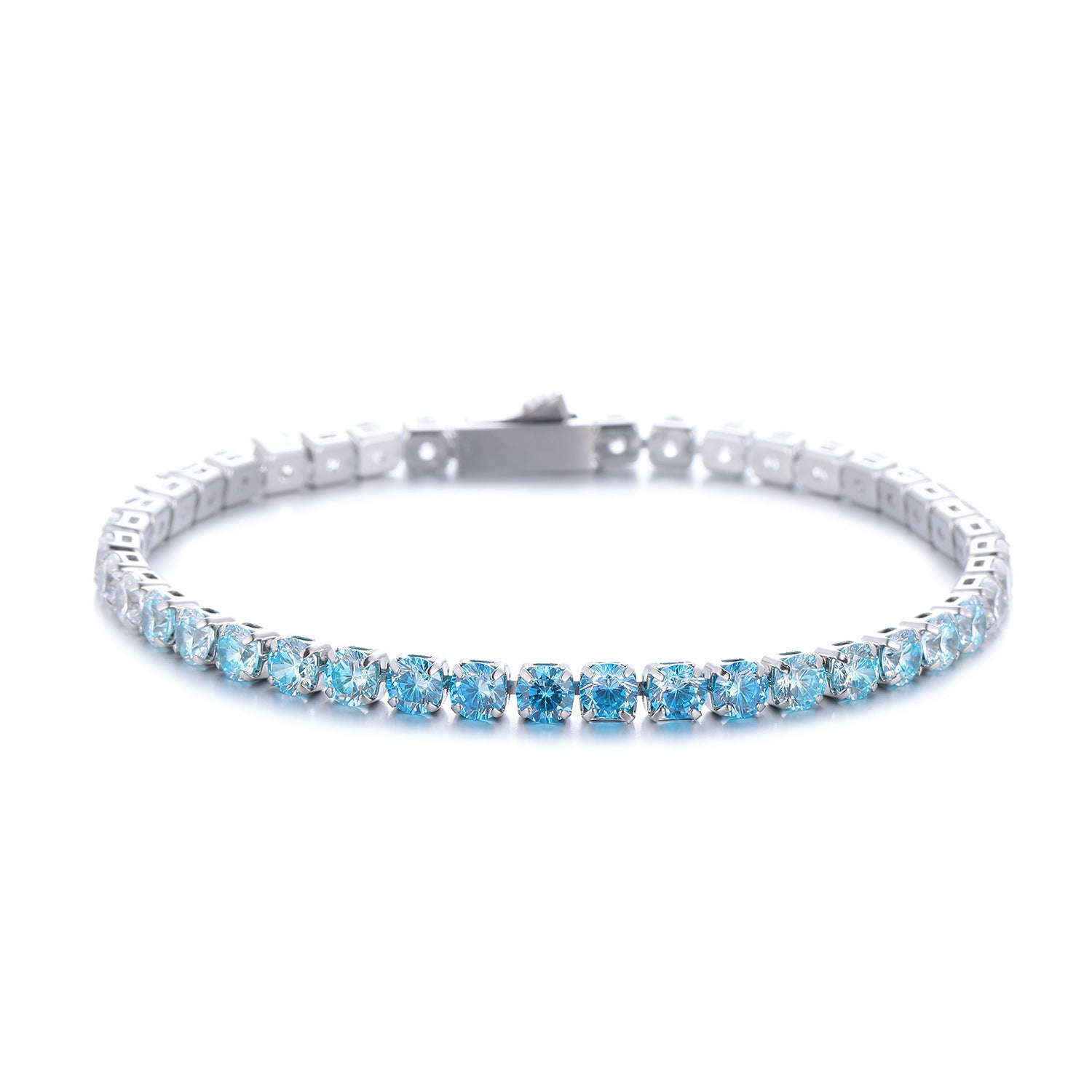 Titanium steel tennis bracelet with blue gradient zirconia stones and square clasp