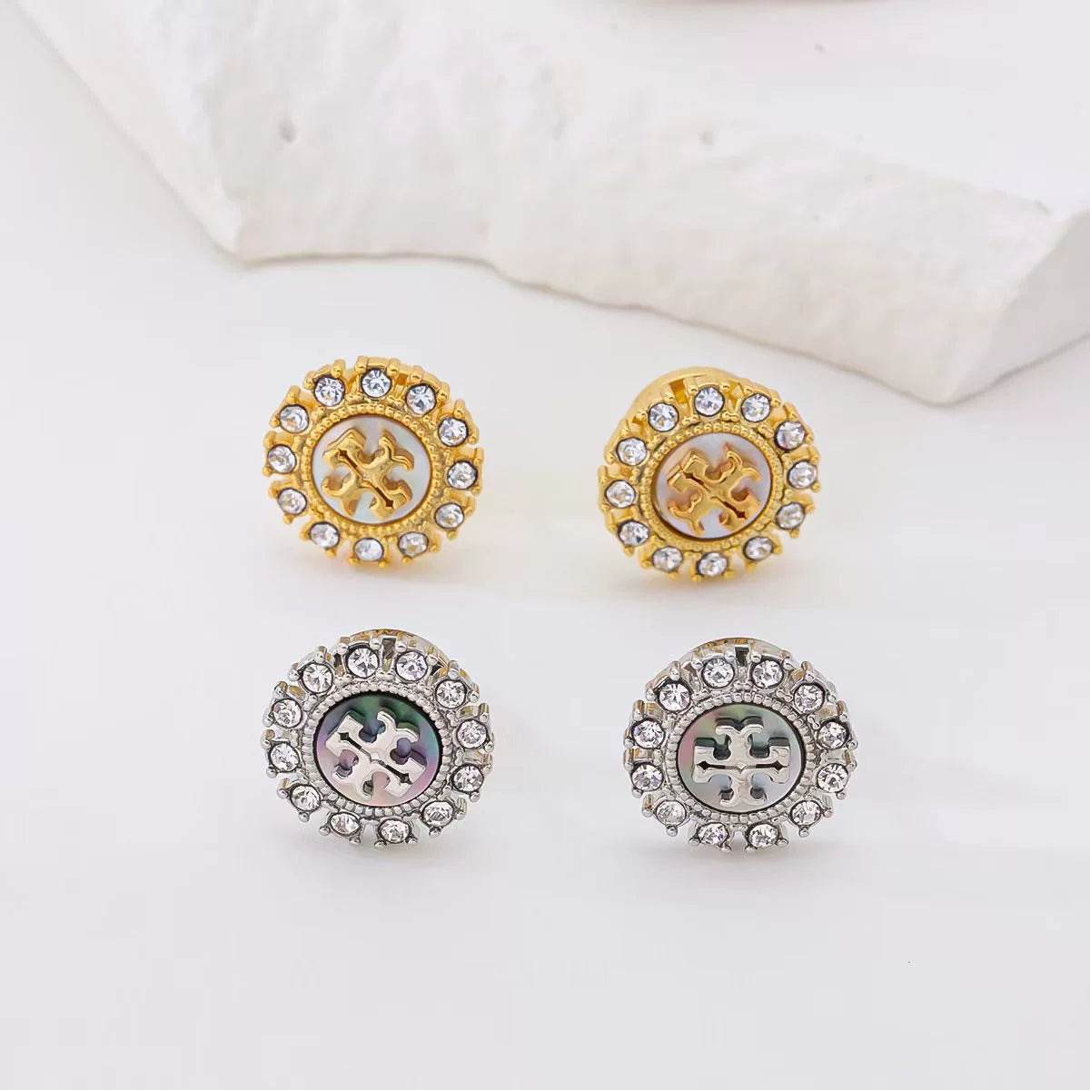 Tory Burch Diamond Natural Mother-of-Pearl Round Stud Earrings