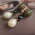 Pearl drop crystal earrings with blue oval stones and gold-tone hoop settings