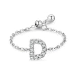 S925 sterling silver adjustable initial ring with chain band and full-pavé letter D