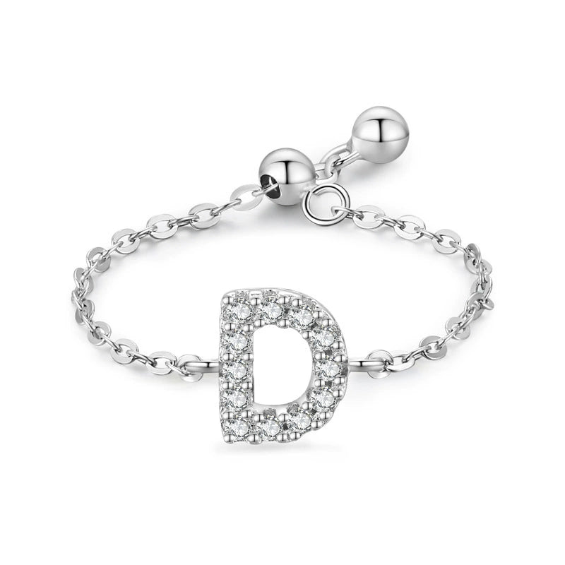 S925 sterling silver adjustable initial ring with chain band and full-pavé letter D