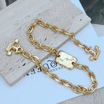 Gold rectangular engraved tag on chunky chain bracelet/necklace with H links