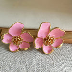 Oscar de la Renta vintage enamel floral stud earrings in pink with gold-tone accents
