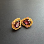 Rose red crystal heart stud clip-on earrings with gold beads and pink corner details