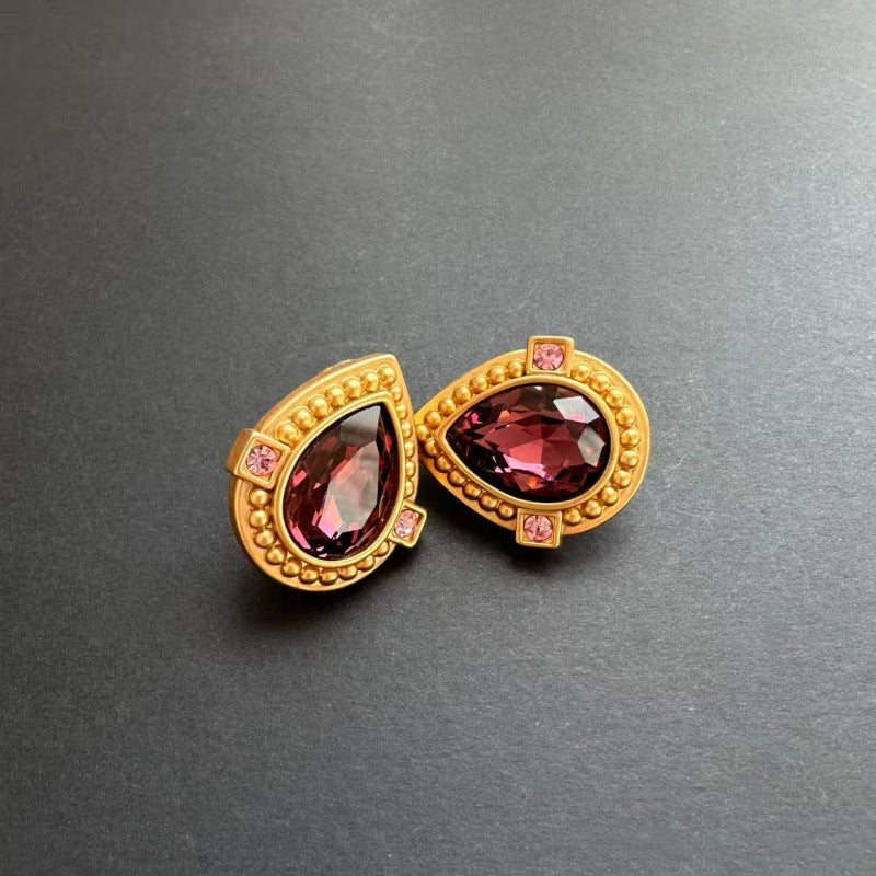 Rose red crystal heart stud clip-on earrings with gold beads and pink corner details
