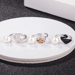 Swan pearl open ring set with white pearls, silver and rose-gold tones, crystal pavé details