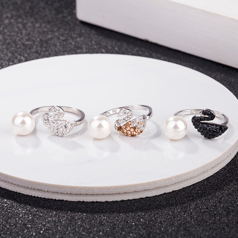 Swan pearl open ring set with white pearls, silver and rose-gold tones, crystal pavé details