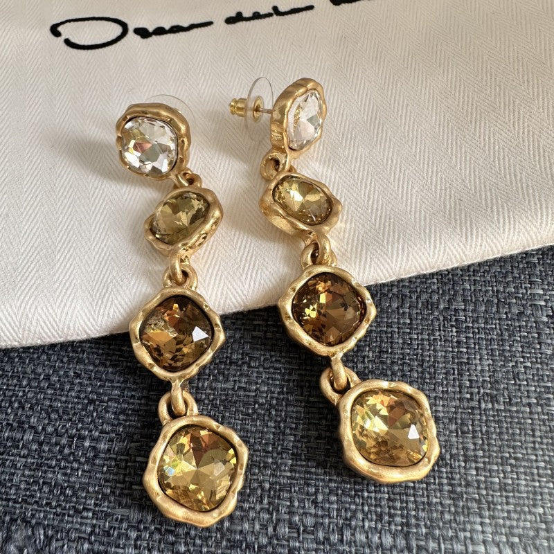Full-crystal square drop earrings with coffee-brown stones in gold-tone settings