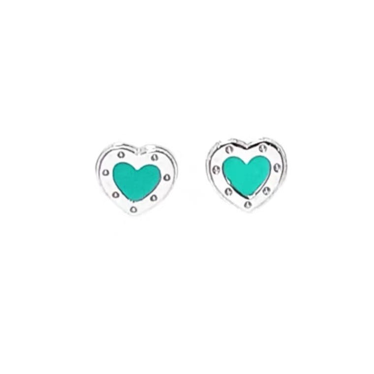 Heart stud earrings with teal enamel, silver-tone scalloped heart bezel