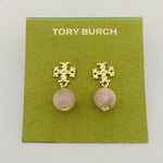 Rose quartz–tone round agate pendant earrings with gold-tone geometric drop details