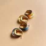 Ombré resin U-shaped hoop earrings, gold-tone with blue, orange, pink, and yellow gradients