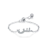 Sterling silver adjustable chain bracelet with Arabic letter charm in clear stones, wide curve