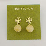 Off-white agate pendant earrings with gold logo stud and round bead drop