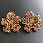 Pink pavé openwork floral stud earrings with round yellow-gold center stone
