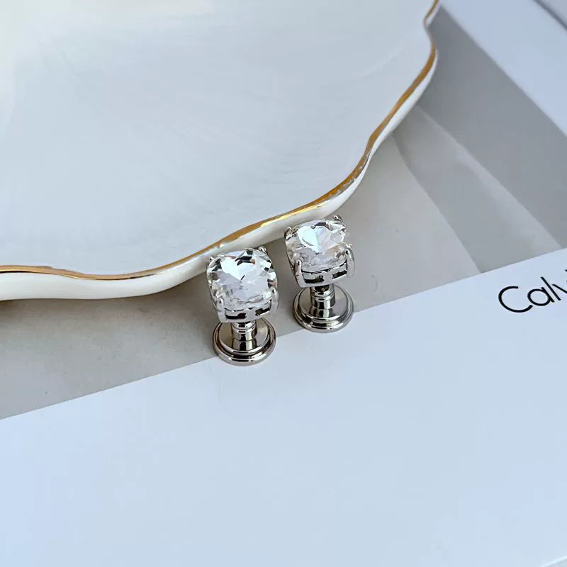 Geometric square stud earrings with clear rhinestones and silver-tone posts
