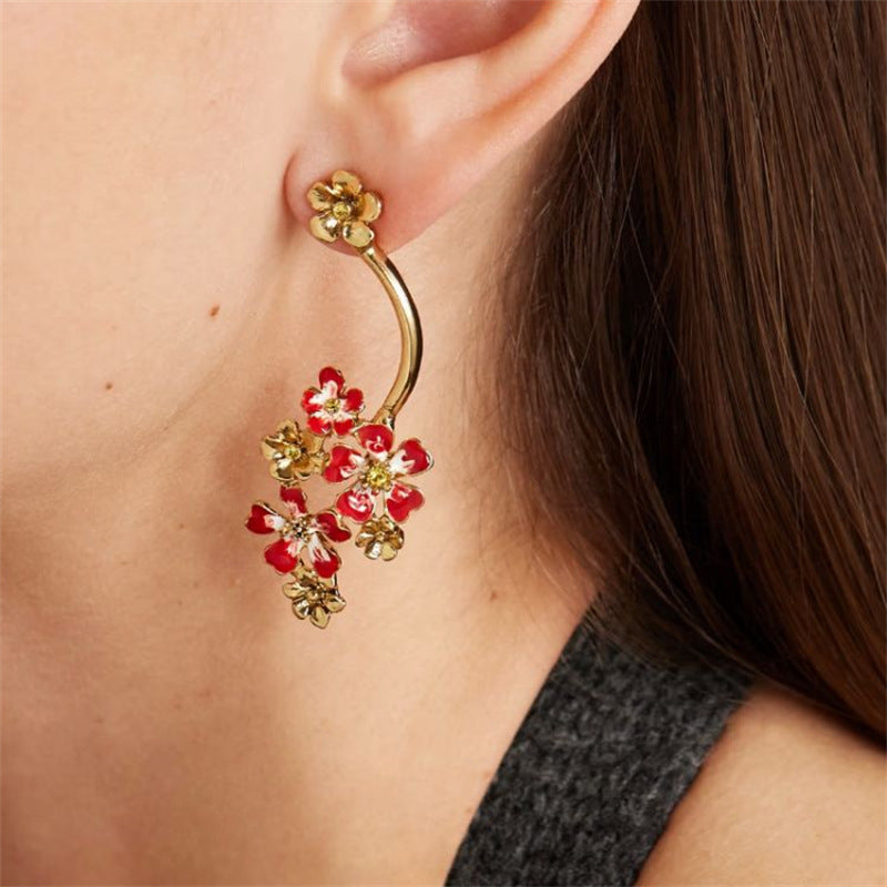 Oscar de la Renta long colored enamel flower hoop drop stud earrings in red