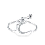 Silver adjustable chain ring with Arabic letter charm, measurement arrows and bead ends