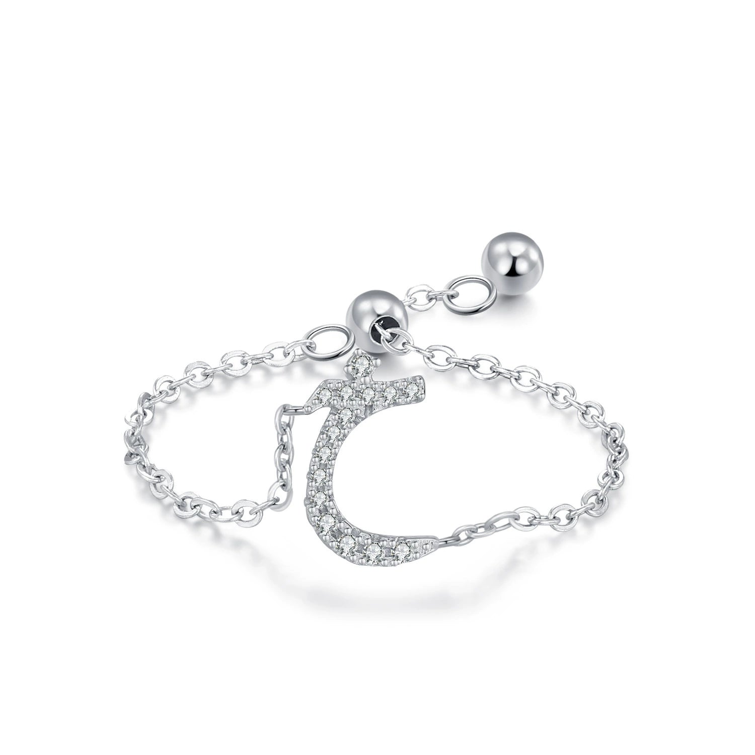 Silver adjustable chain ring with Arabic letter charm, measurement arrows and bead ends