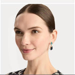Teardrop-cut crystal stud earrings in teal-blue and dark blue, gold drop setting